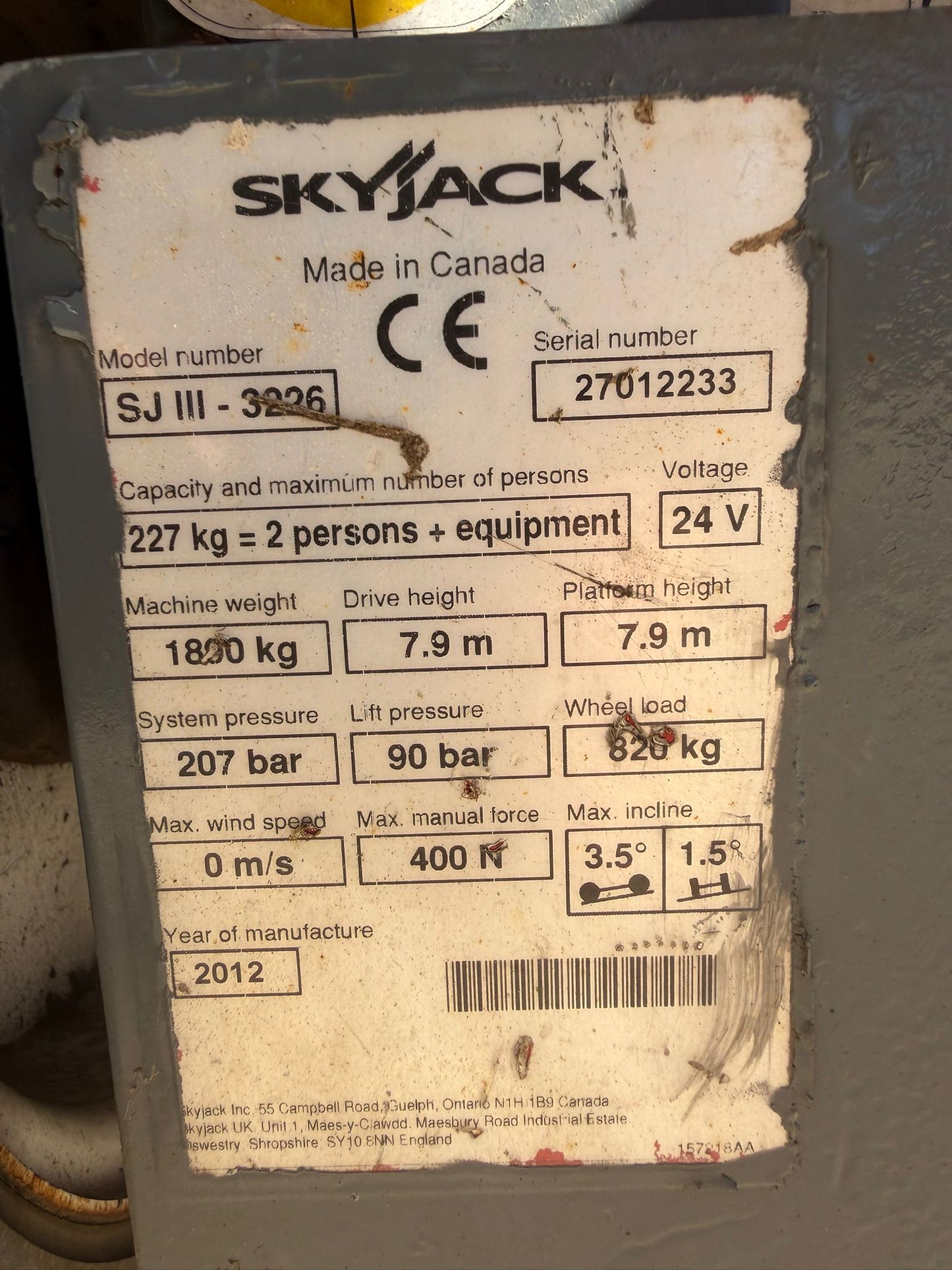 2012 Skyjack SJ3226 Scissor Lift Access Platform MEWP (Genie,JLG)