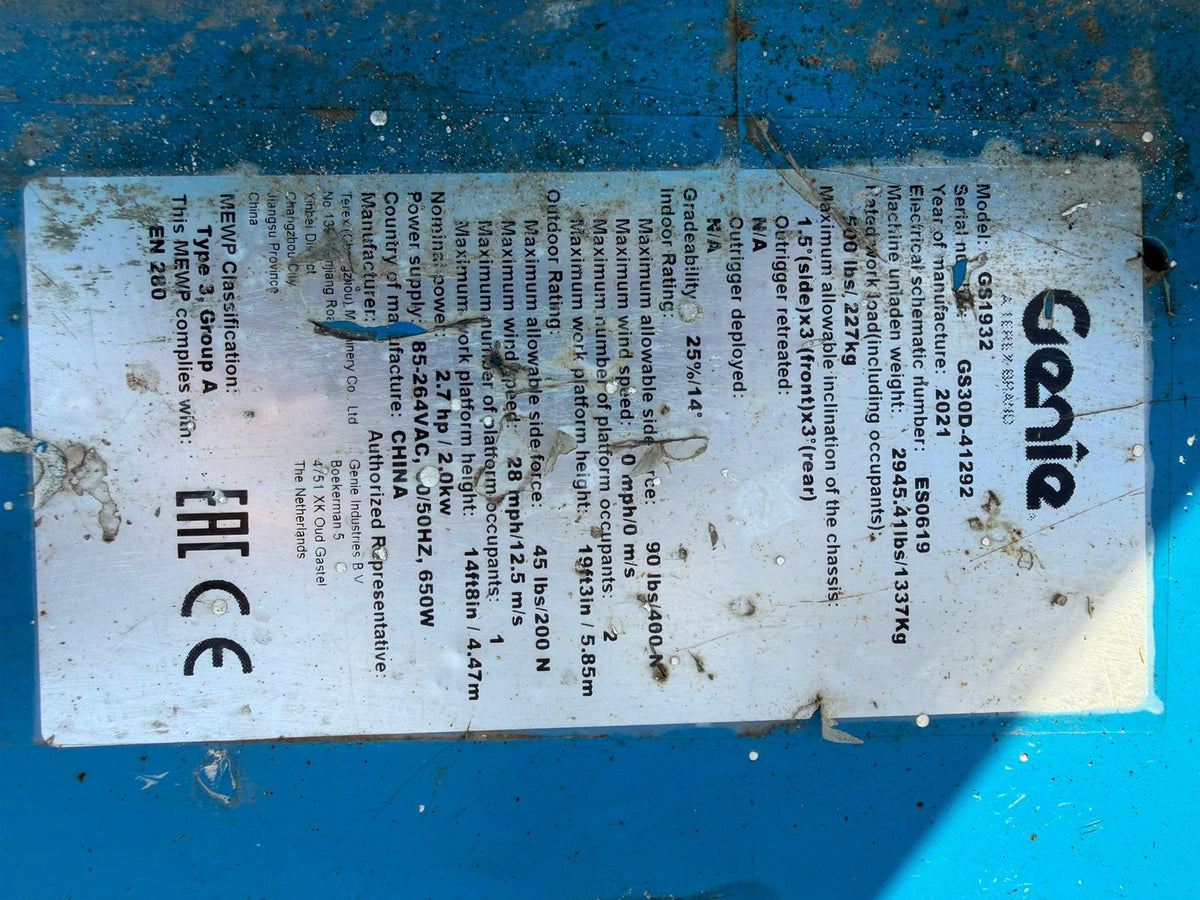 2021 Genie 1932 E-DRIVE Scissor Lift Access Platform (Skyjack SJ3219)