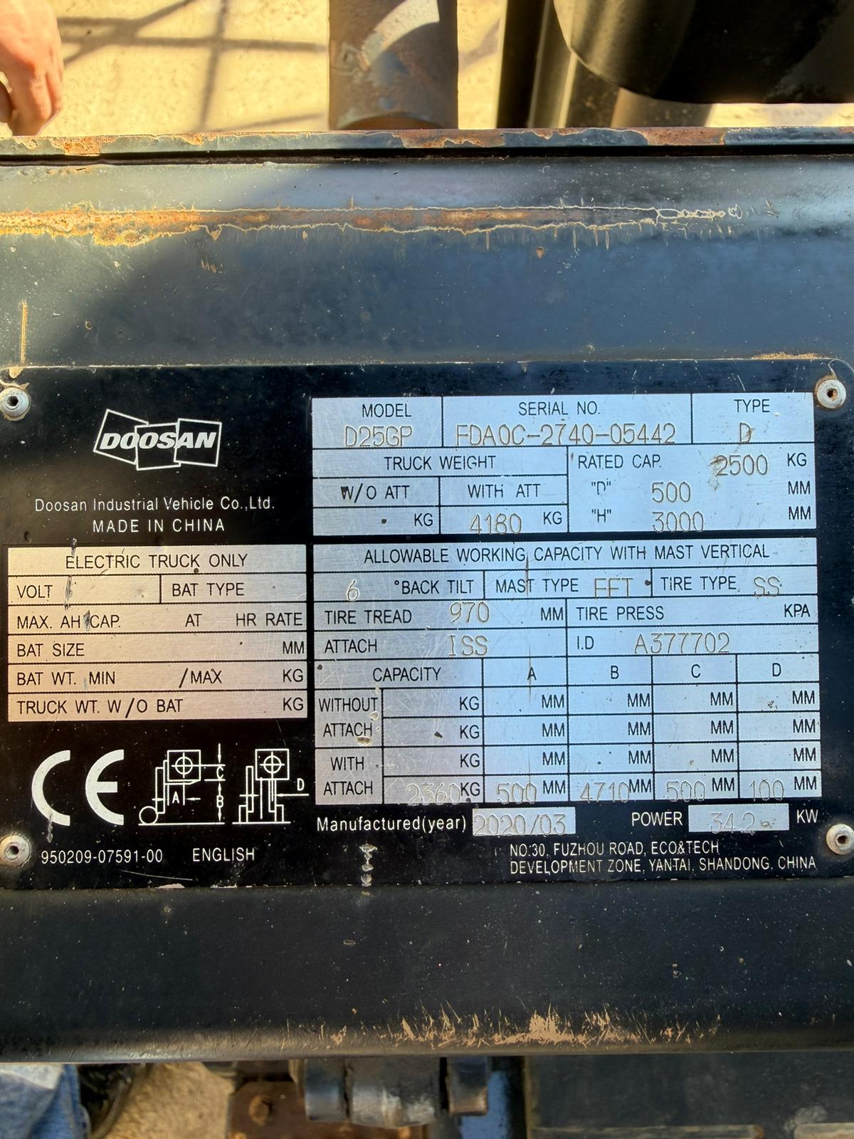 2020 Doosan D25GP Diesel Forklift Triple Mast Counterbalance (Toyota, Hyster, Linde)